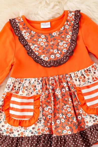 Stripe, Floral Multi-Printed Block in Orange Tone 2 Piece Set.