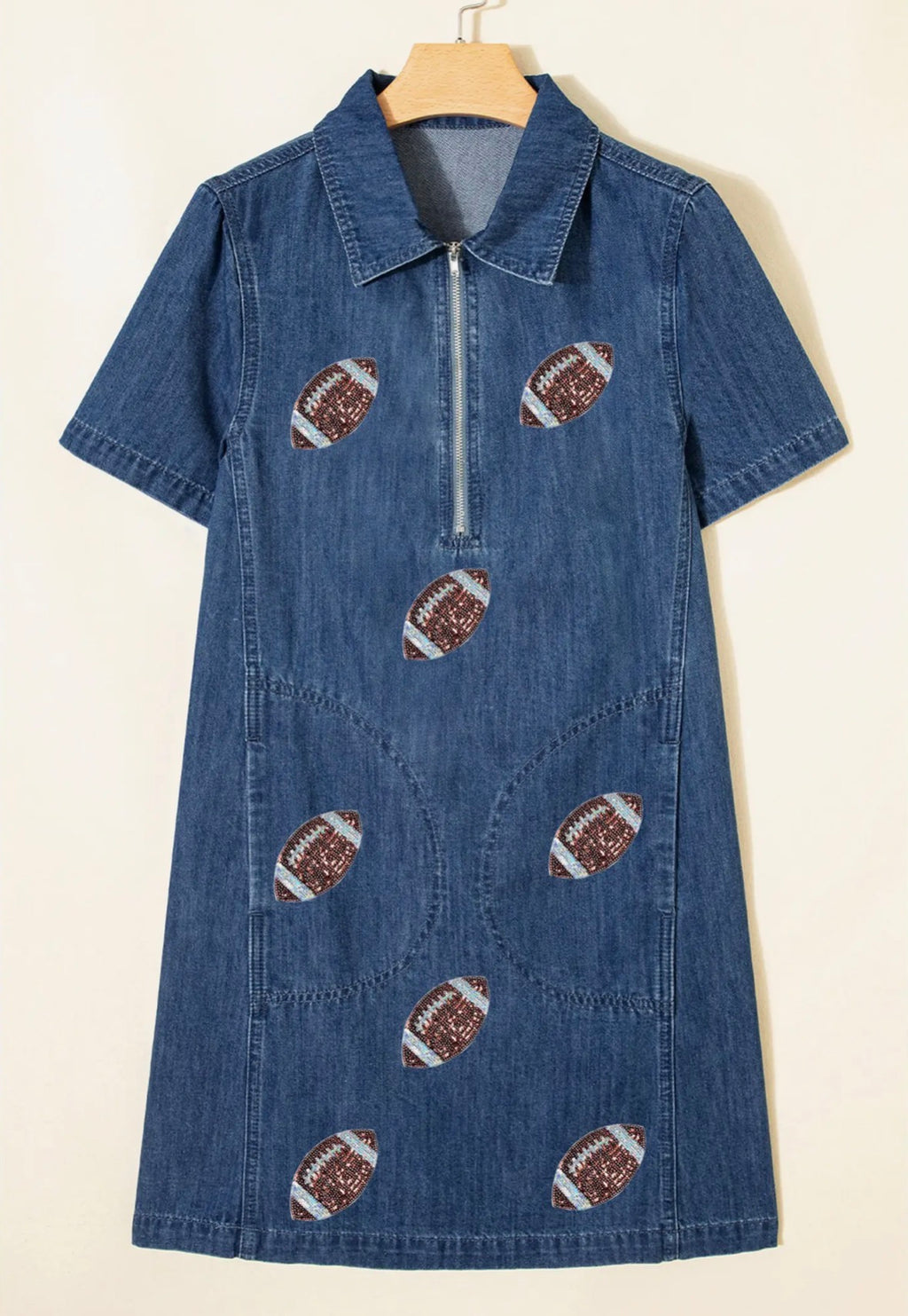 Sequin Football Pattern Zip Collar Denim Dress