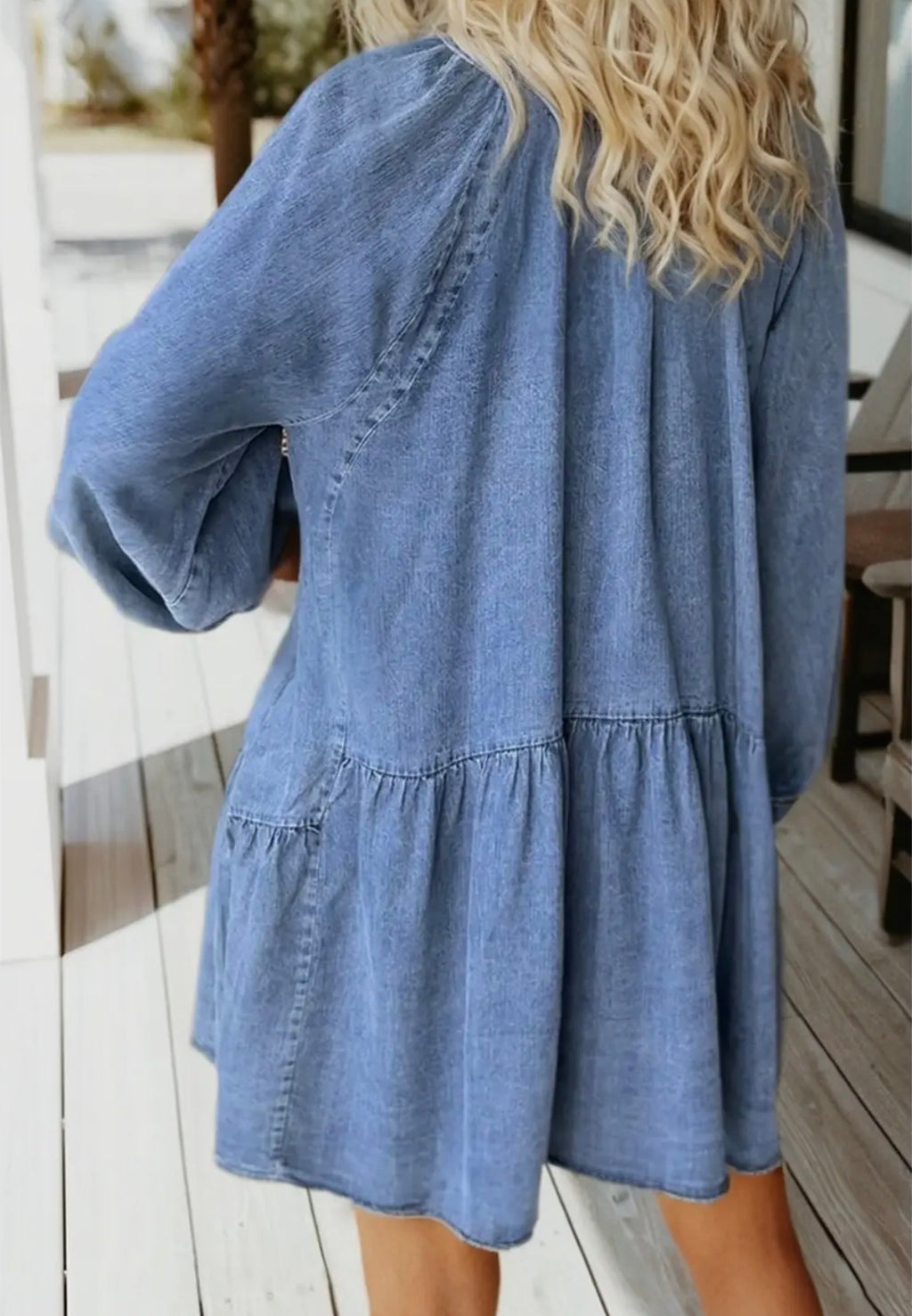 Puff Sleeve V Neck Ruffled Loose Denim Mini Dress
