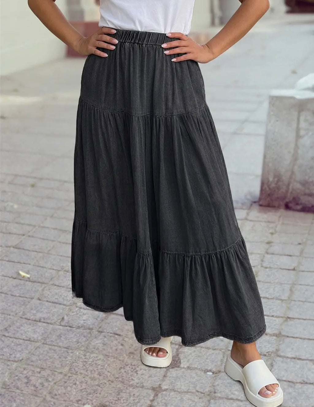Elastic Waist Ruffled Denim Skirt
