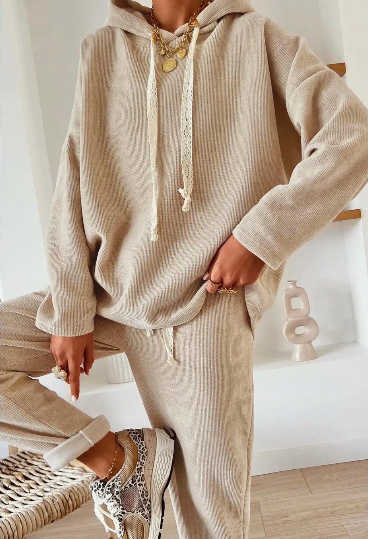 Drawstring Pullover Hoodie and High Waist Pants Corduroy Set