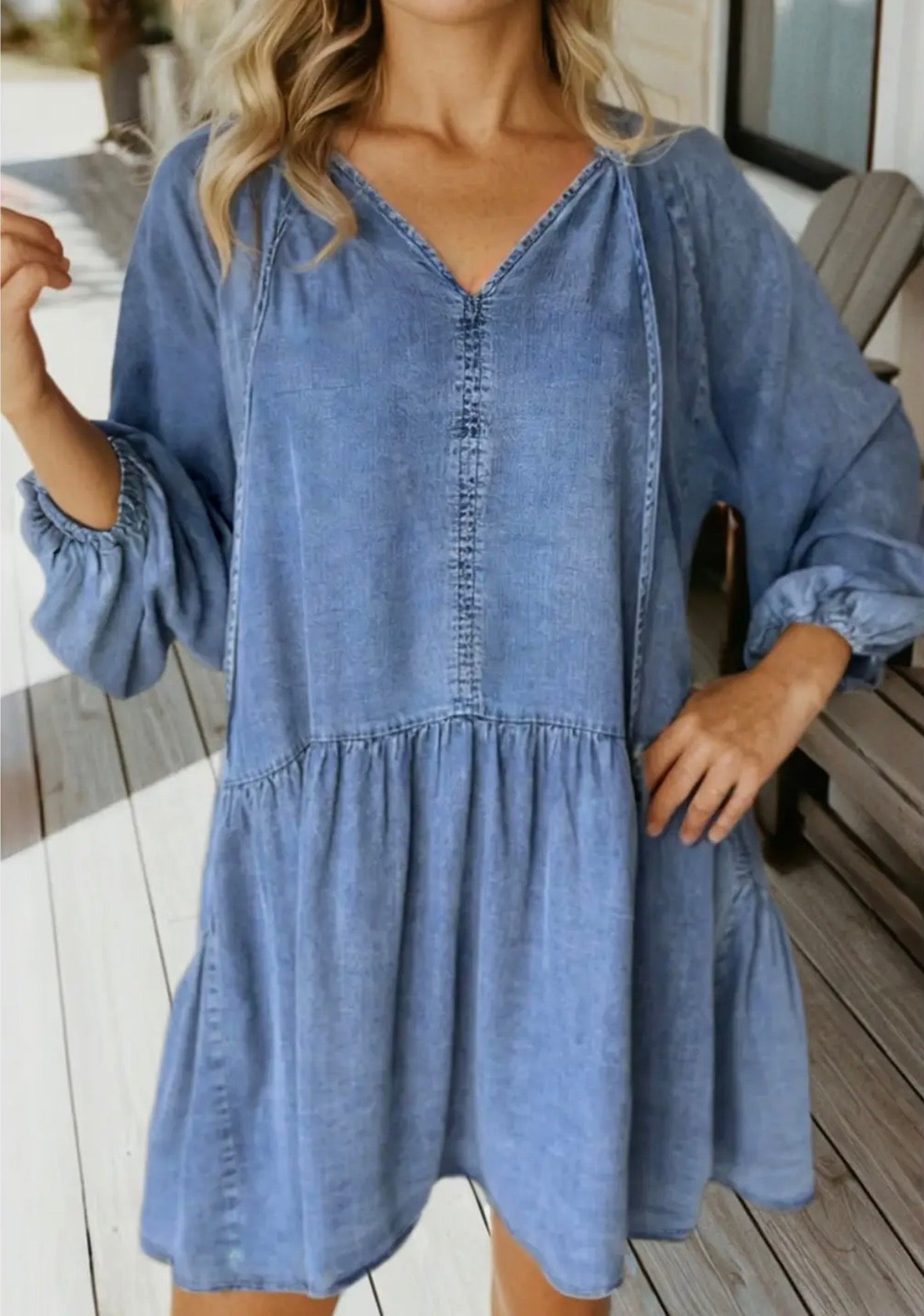 Puff Sleeve V Neck Ruffled Loose Denim Mini Dress