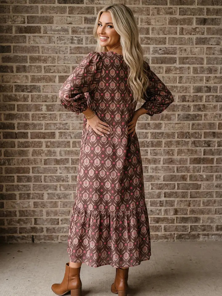 Floral Button Front Ruffle Hem Midi Dress