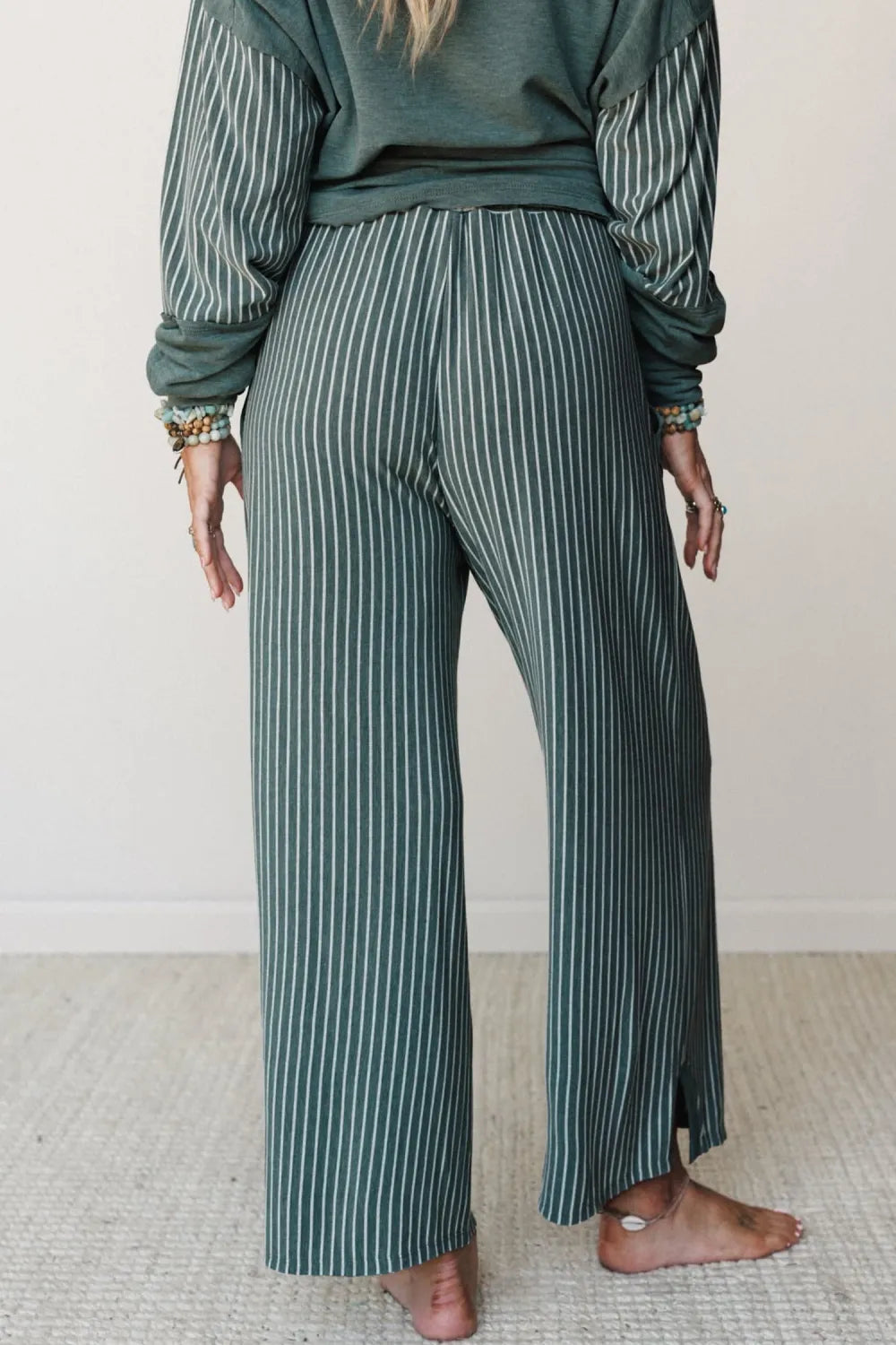 Green Bay Raw Seam Patchwork Long Sleeve Top Pocket Set