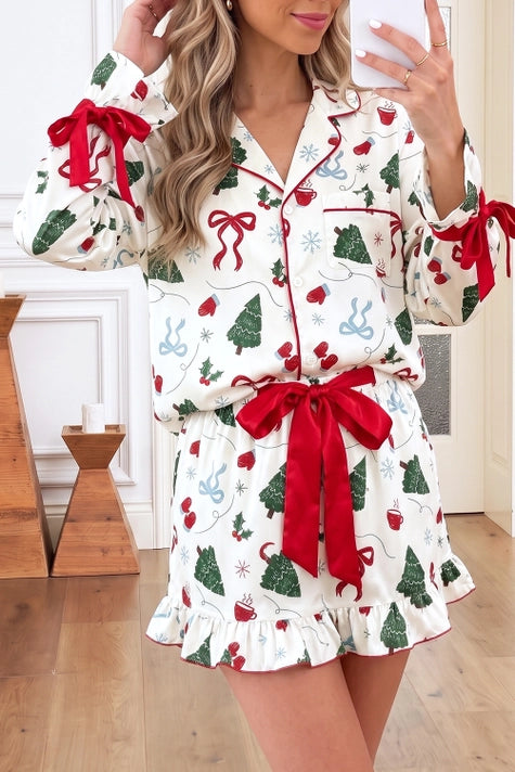 Christmas Tree Graphic Bow Ruffle Cuff Lounge Set