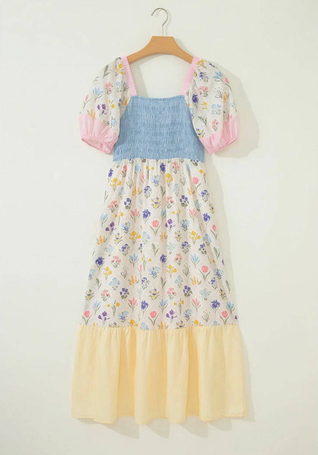 Floral Print Patchwork Square Neck Shirred Long Dress