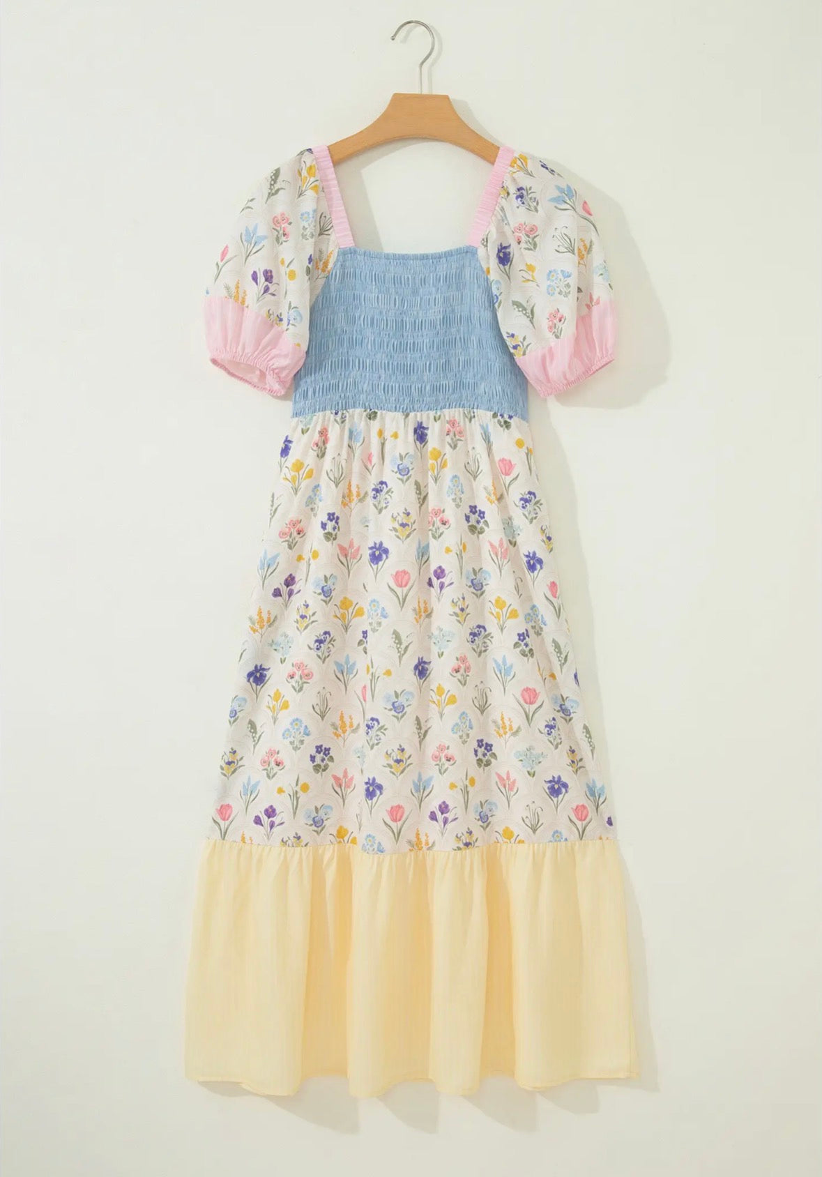 Floral Print Patchwork Square Neck Shirred Long Dress