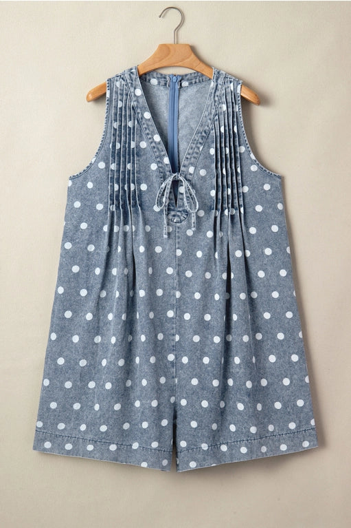Polka Dot Print Tie V Neck Pleated Loose Denim Romper