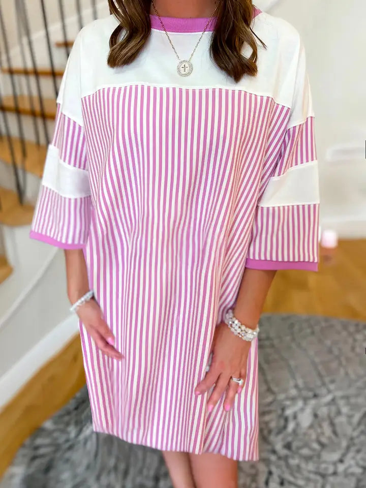 Phalaenopsis Striped Three Quarters Sleeve Loose Mini Dress