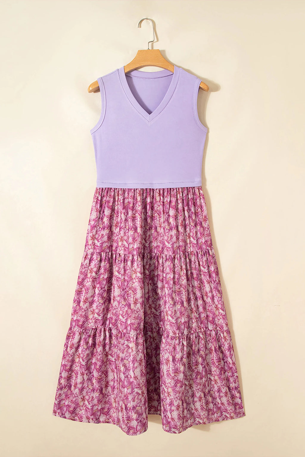 Purple Ribbed V Neck Tank Floral Contrast Patchwork Long Dress