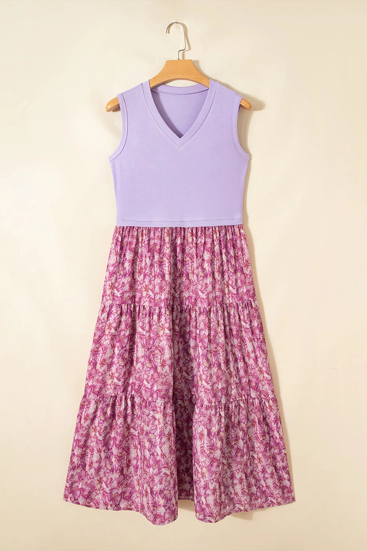 Purple Ribbed V Neck Tank Floral Contrast Patchwork Long Dress