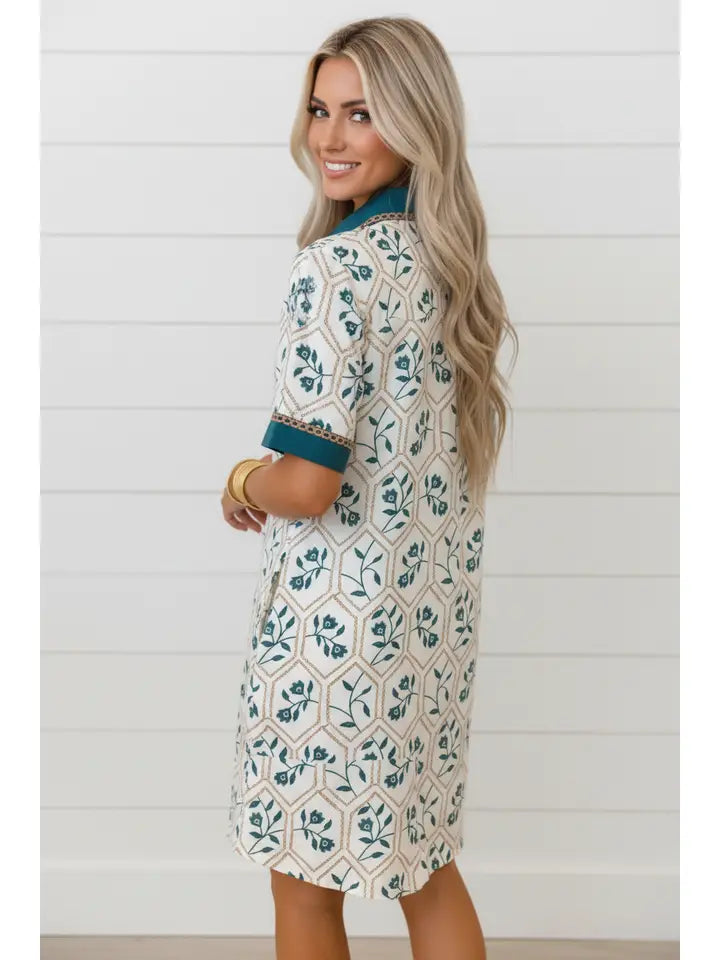 Floral Geometric Lace Trim Collared Dress
