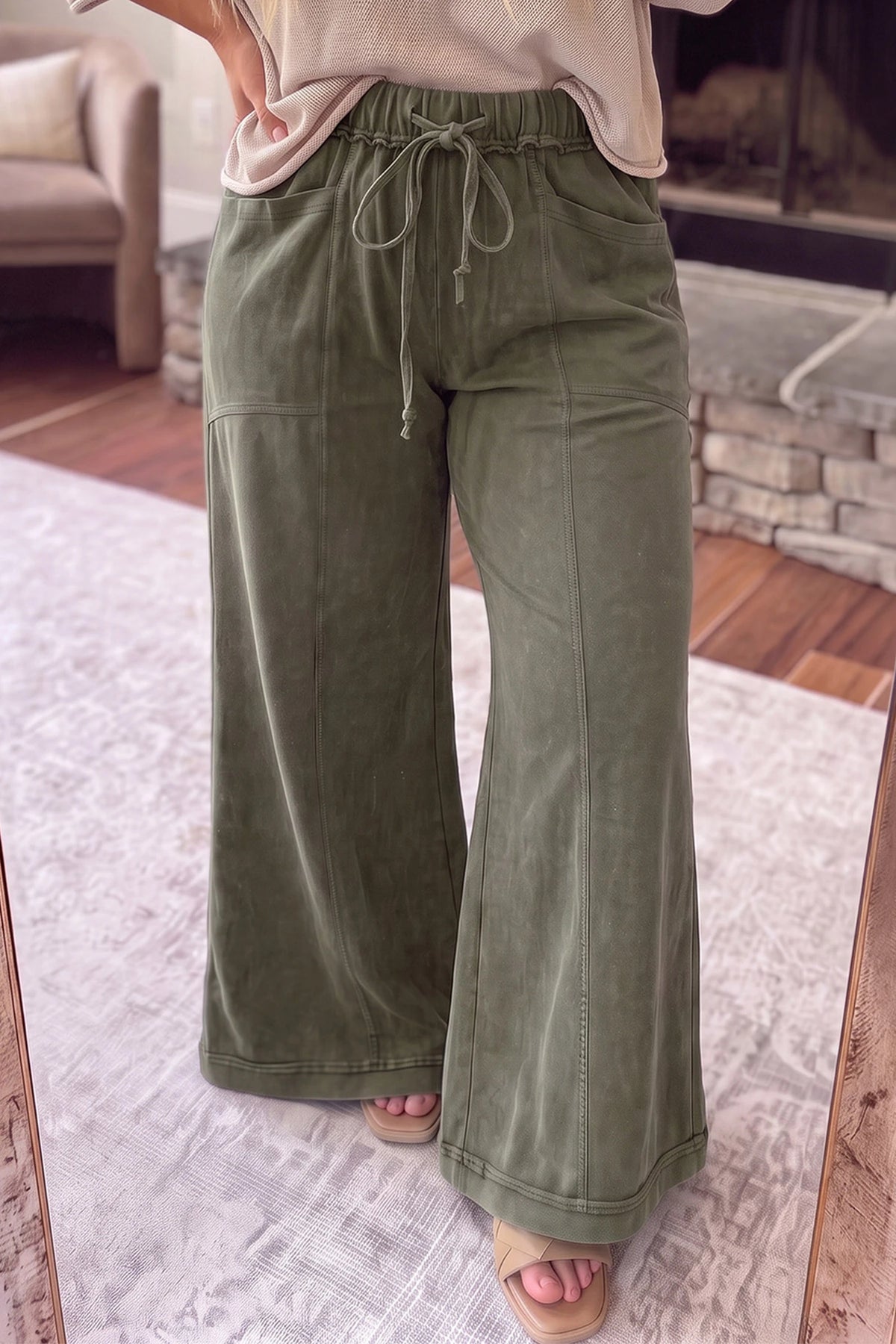 Jungle Green Mineral Wash Seam Detail Flare Leg Drawstring Pants