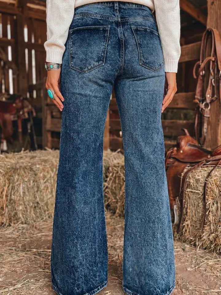 Sail Blue Acid Wash Pocket Detail Flare Jeans