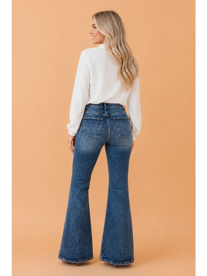 Sail Blue Acid Wash Pocket Detail Flare Jeans