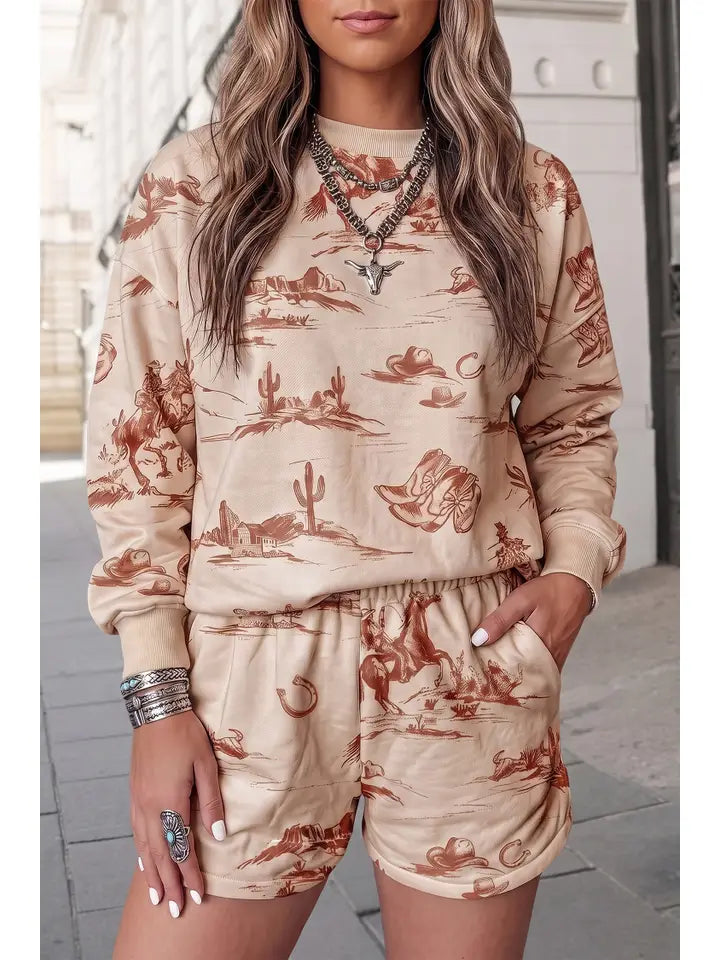 Western Print Crewneck Loose Fit Top Shorts Set