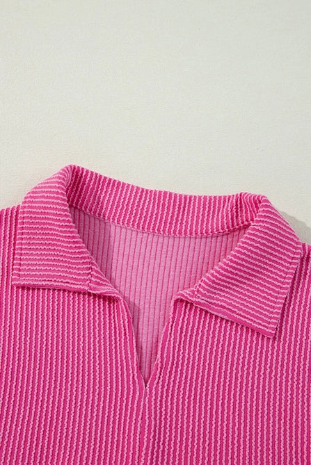 Corded Turn-Down V Neck Bubble Sleeve Babydoll Blouse