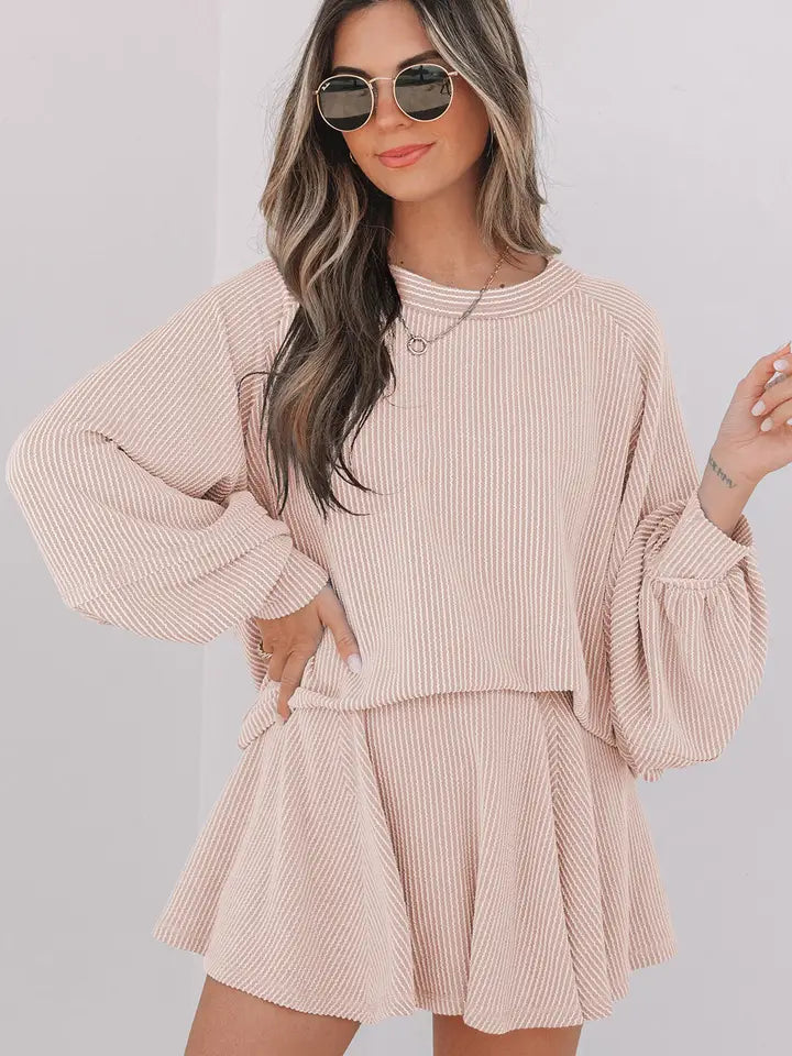 Corded Lantern Sleeve Top and Ruffle Skort Set