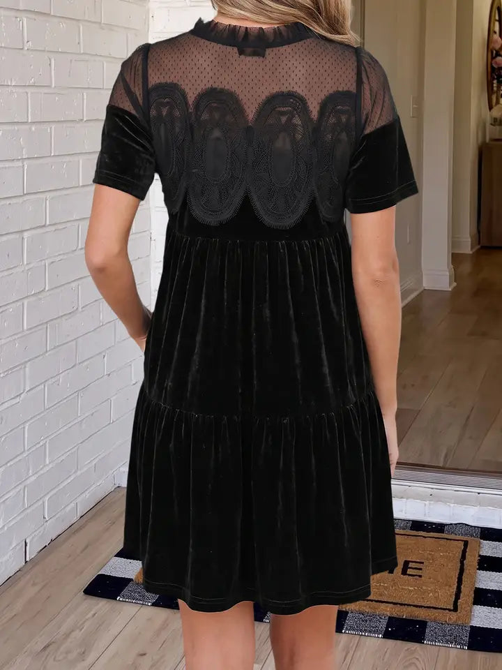 Solid Embroidered Mesh Patchwork Velvet Mini Dress