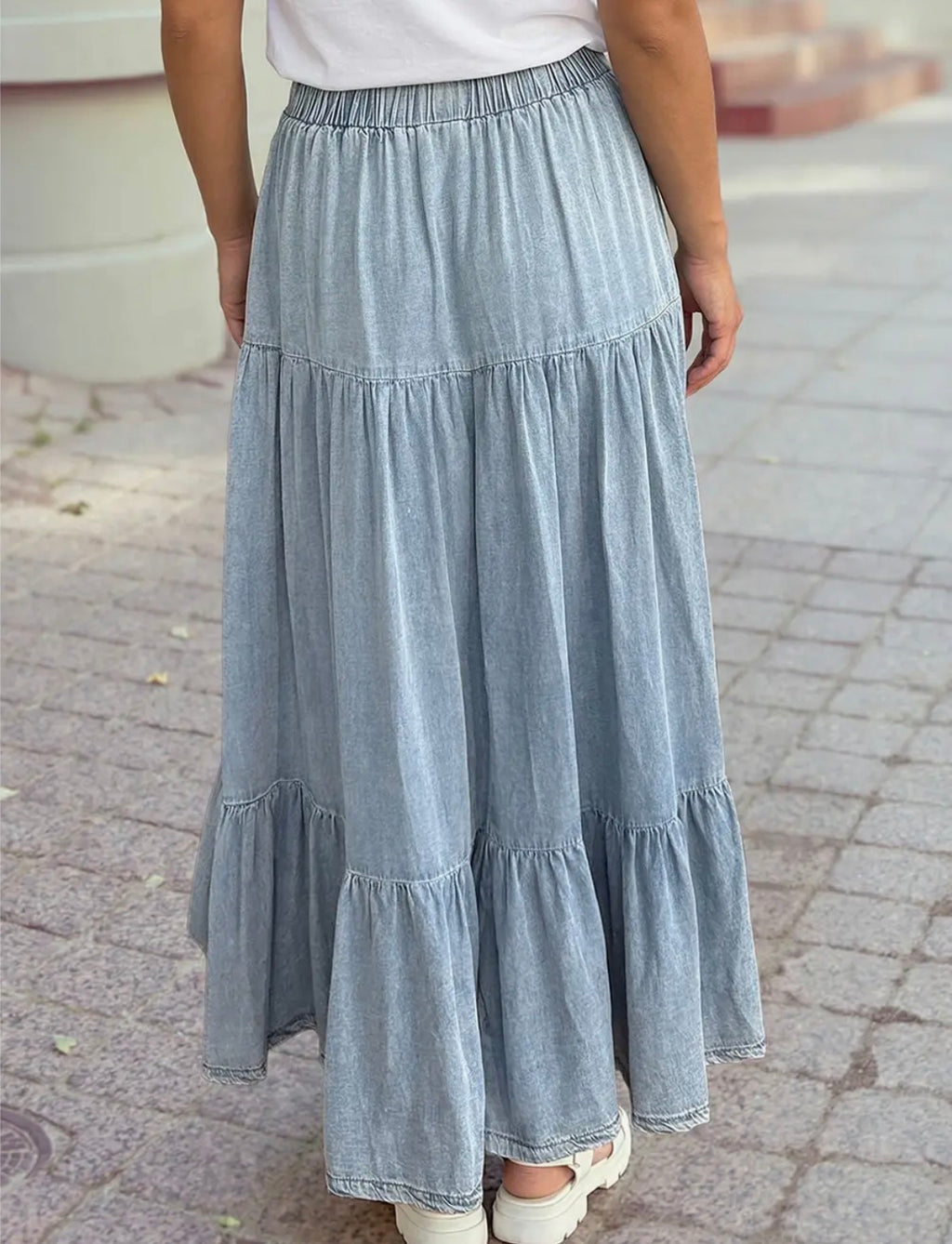 Elastic Waist Ruffled Denim Skirt