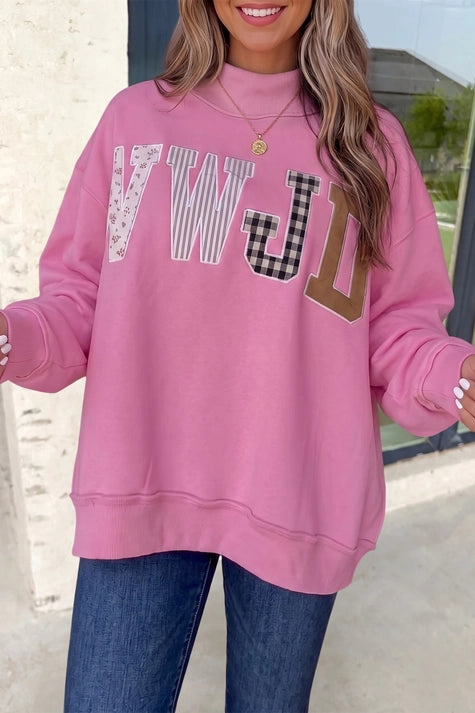 WWJD Embroidered Patch Mock Neck Sweatshirt