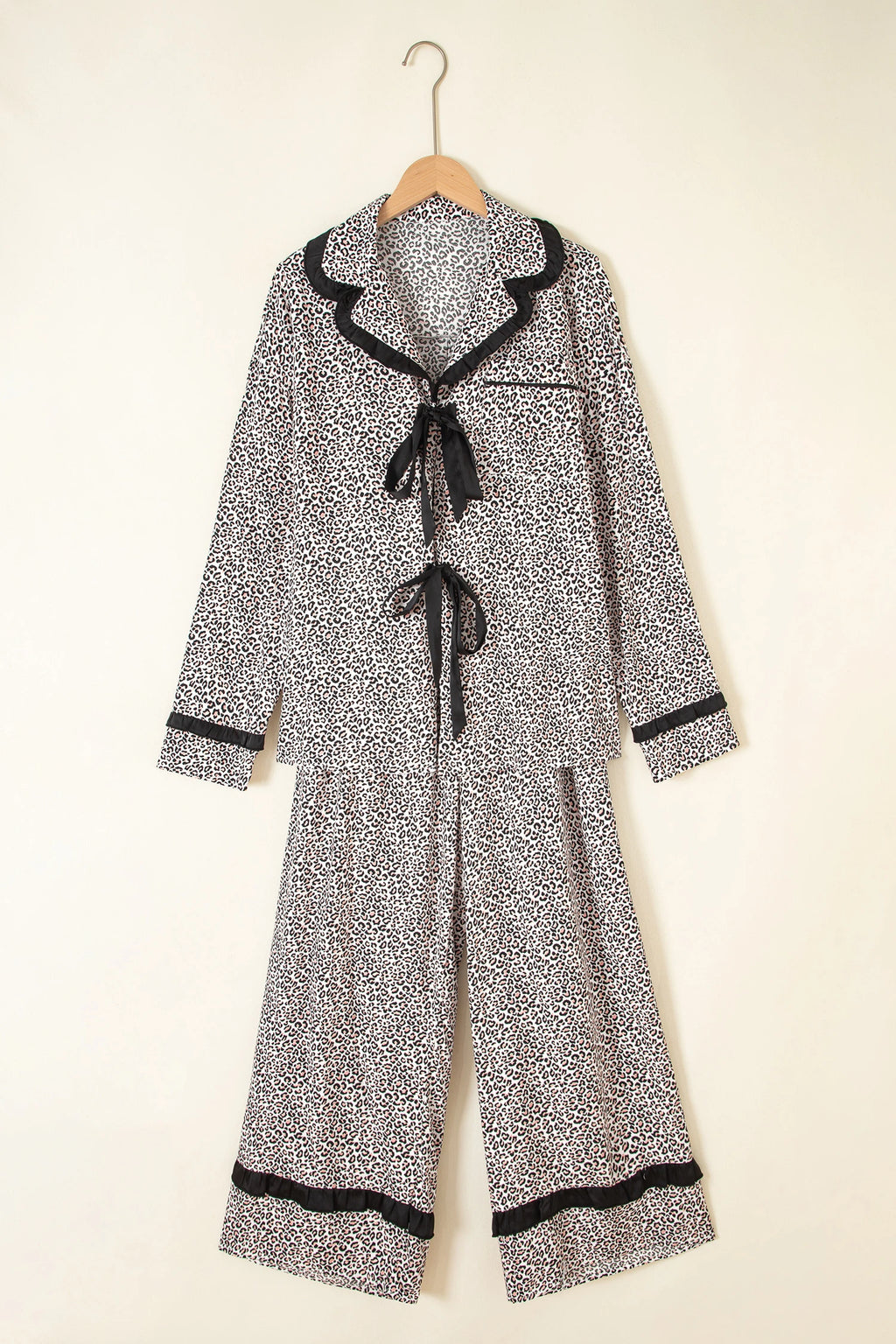 Brown Leopard Print Bow Knot Patchwork Long Sleeve Lounge Set