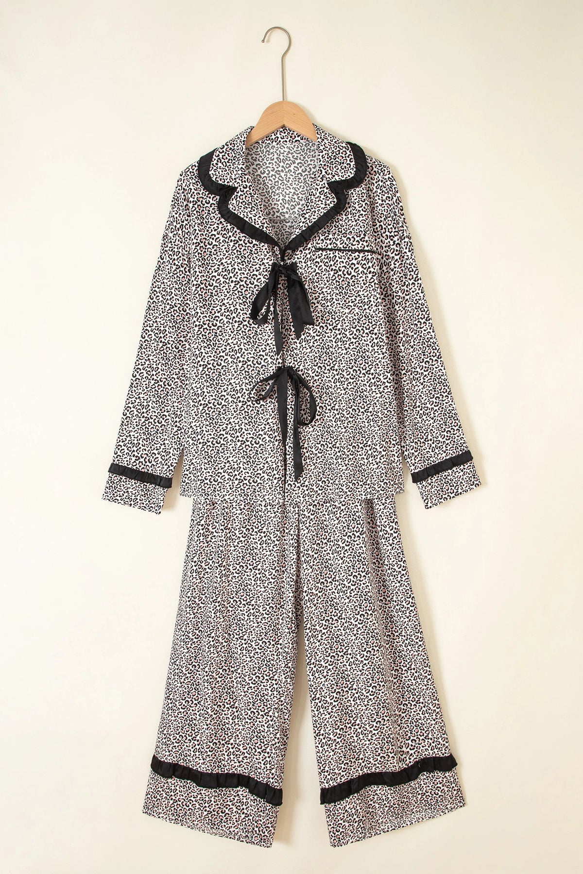 Brown Leopard Print Bow Knot Patchwork Long Sleeve Lounge Set