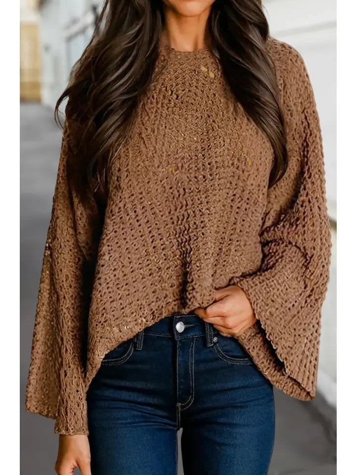Hollowed Detail Wide Sleeve Loose Pullover Sweater