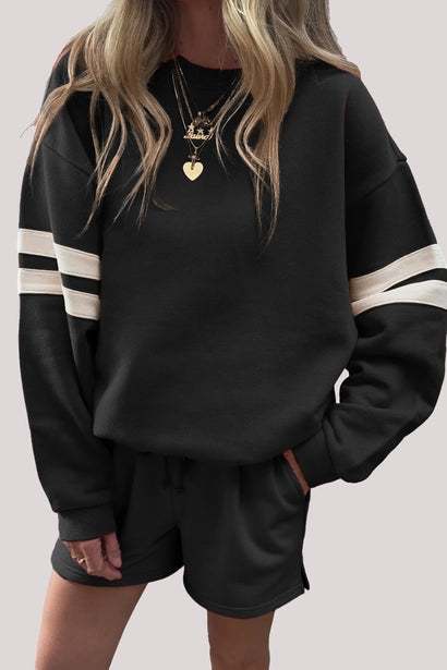 Varsity Striped Sleeve Drop Shoulder Sweatshirt Short Set