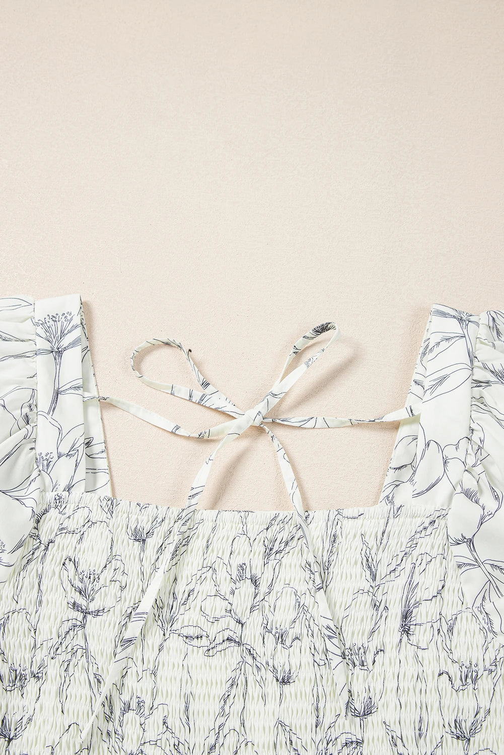 Beige Floral Print Square Neck Shirred Back Puff Sleeve Dress