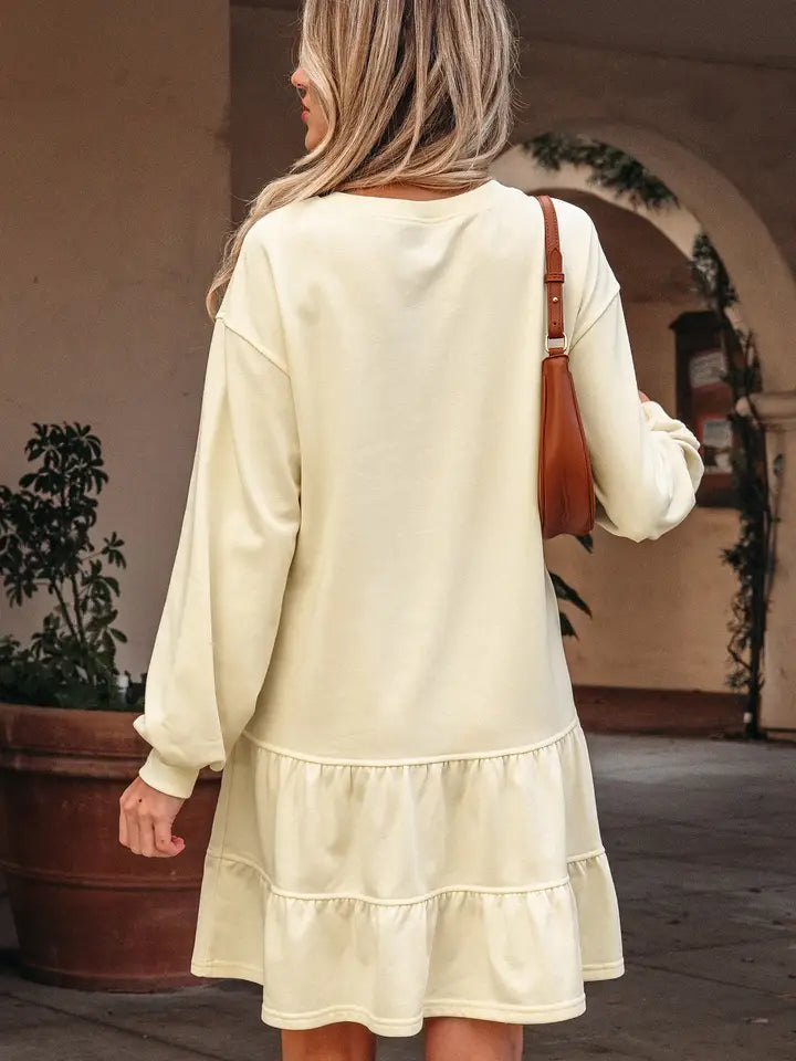 Solid Tiered Ruffle Hem Long Sleeve Dress