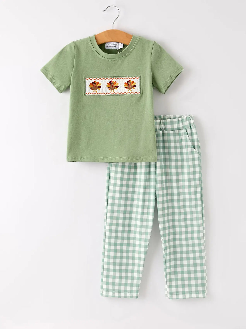 Fall Thanksgiving Bird Smock Embroidered Green Plaid Boys 'set