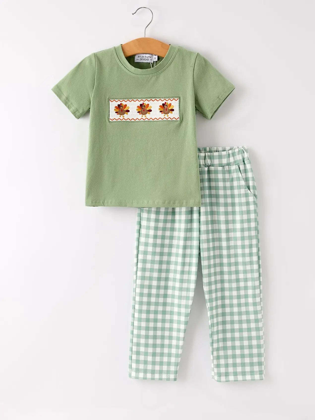 Fall Thanksgiving Bird Smock Embroidered Green Plaid Boys 'set