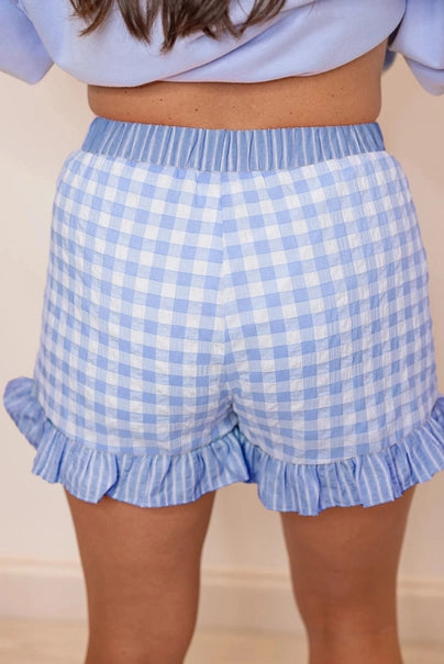 Gingham Print Ruffle Striped Detail Lace Tie Shorts