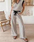 Stylish Knit V Neck Tank and Wide Leg Pants Set