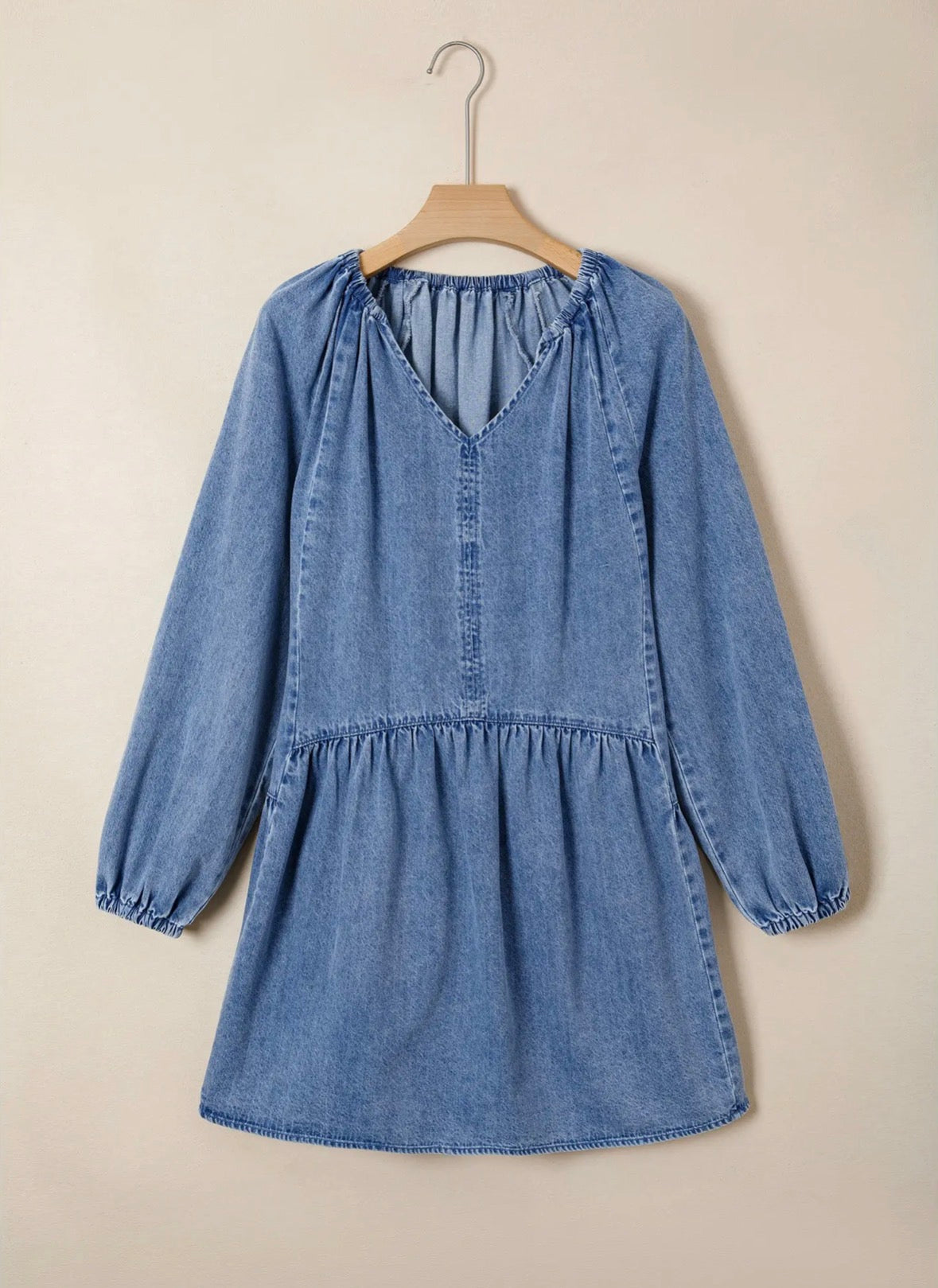 Puff Sleeve V Neck Ruffled Loose Denim Mini Dress