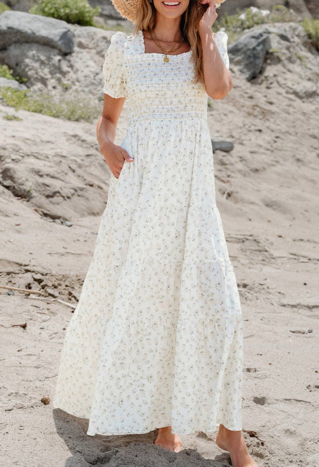 Robin Frilly Shirred Bodice Tiered Floral Maxi Dress