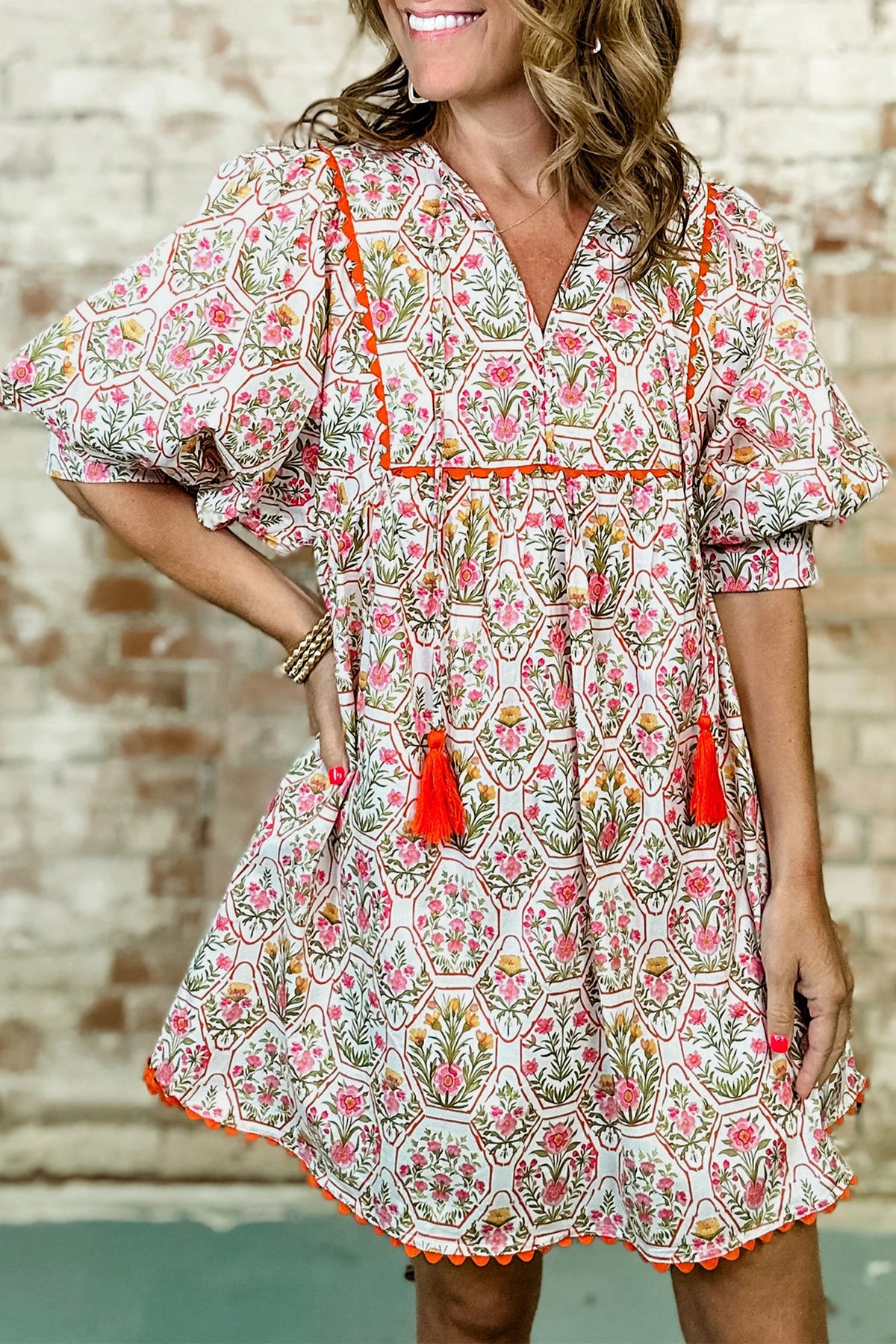 Pink Floral Print Tassel Tie V Neck Scalloped Dress