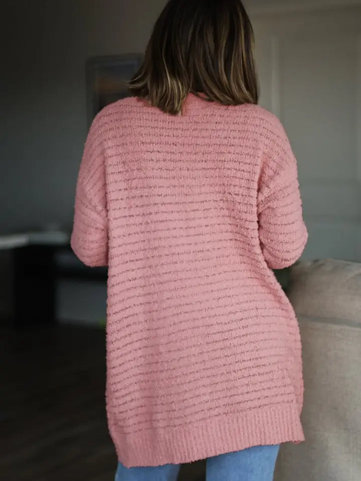 Light Pink Open Front Soft Fuzzy Ribbed Sweater Cardigan