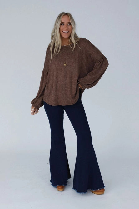 Sweet Heart Balloon Sleeve Knit Sweater - Mocha