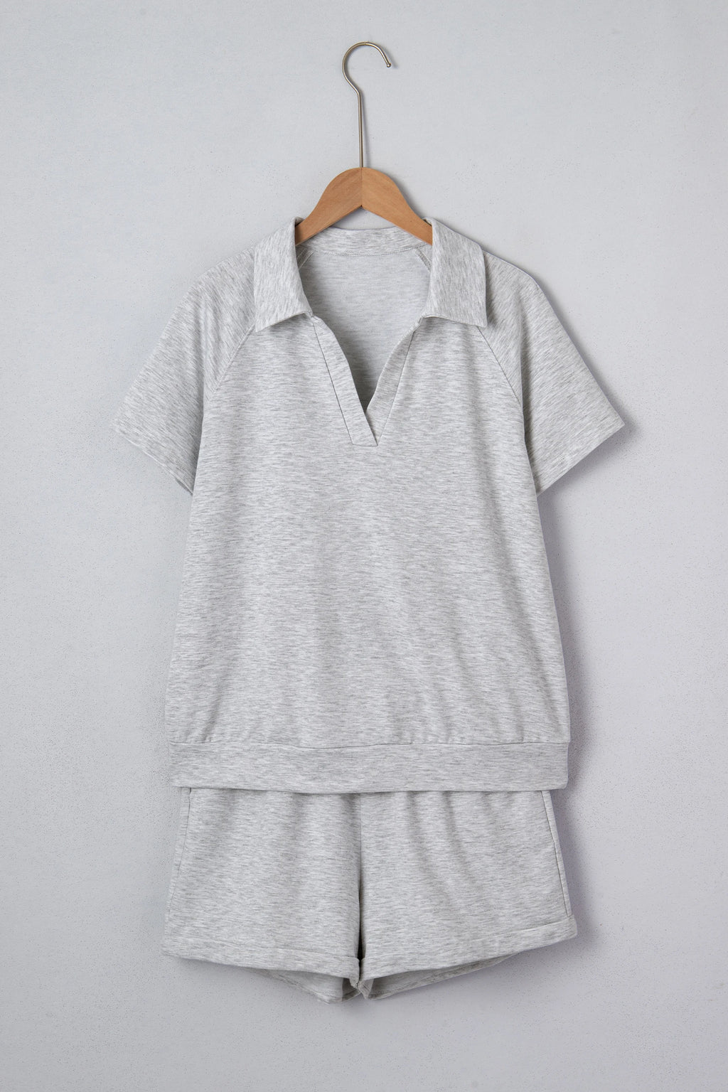 Light Grey Collared V Neck Tee Drawstring Elastic Waist Shorts Set