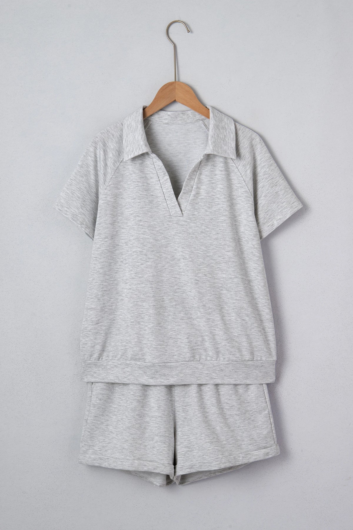 Light Grey Collared V Neck Tee Drawstring Elastic Waist Shorts Set