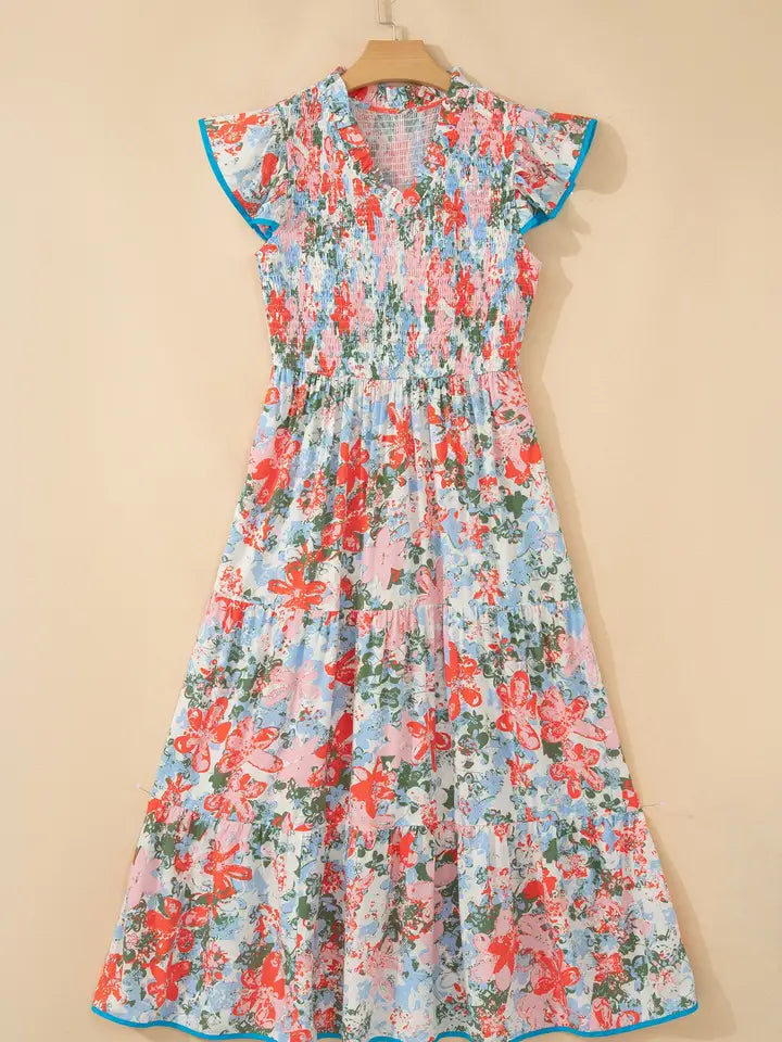 Floral Contrast Trim V-Neck Flutter Sleeve Maxi Dress