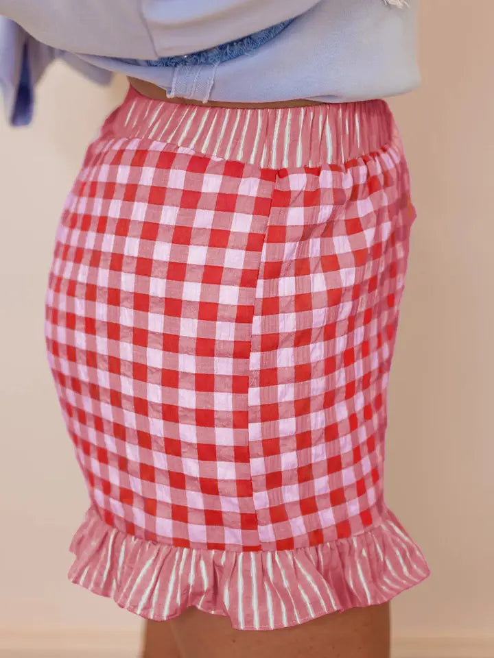 Gingham Print Ruffle Striped Detail Lace Tie Shorts
