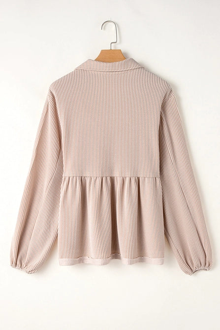 Corded Turn-Down V Neck Bubble Sleeve Babydoll Blouse