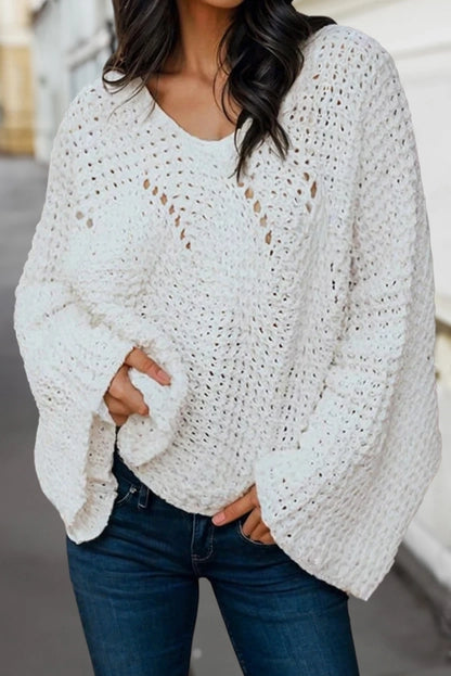Hollowed Detail Wide Sleeve Loose Pullover Sweater
