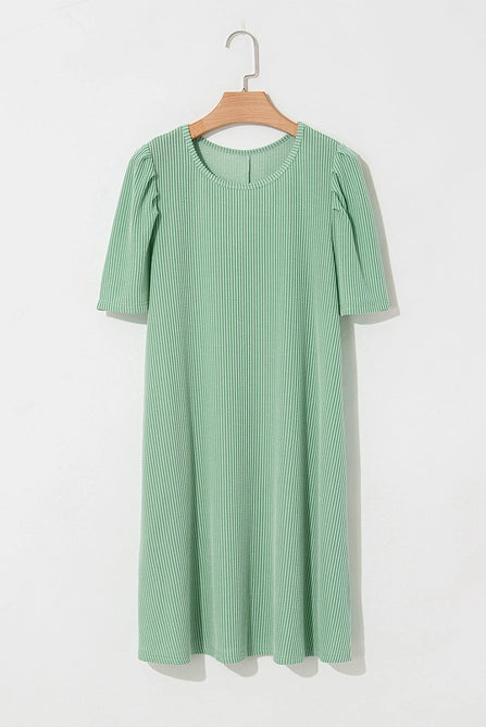 Corded Knit Crew Neck Puff Sleeve Shift Mini Dress
