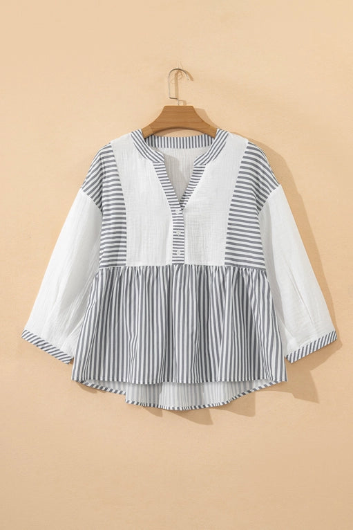 Stripe Patchwork 3/4 Sleeve Babydoll Blouse