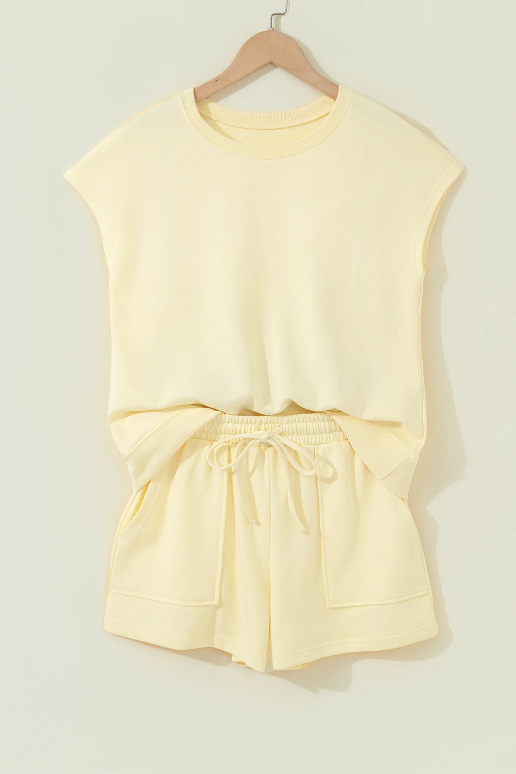 Yellow Cream Solid Color Tee Drawstring Shorts Comfy Set
