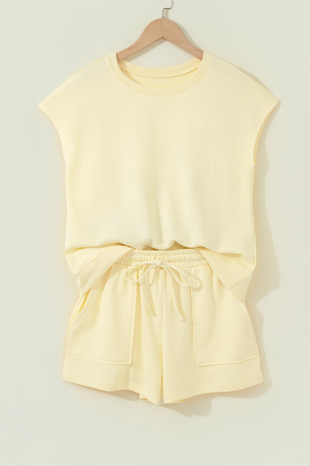 Yellow Cream Solid Color Tee Drawstring Shorts Comfy Set